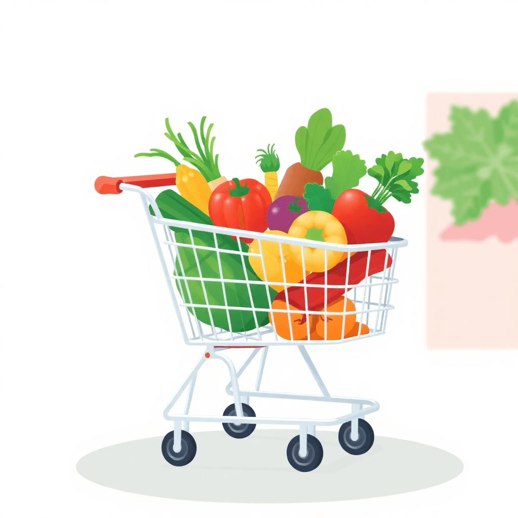 fresh vegetables and fruits shopping cart illustration, modern clean style, green theme