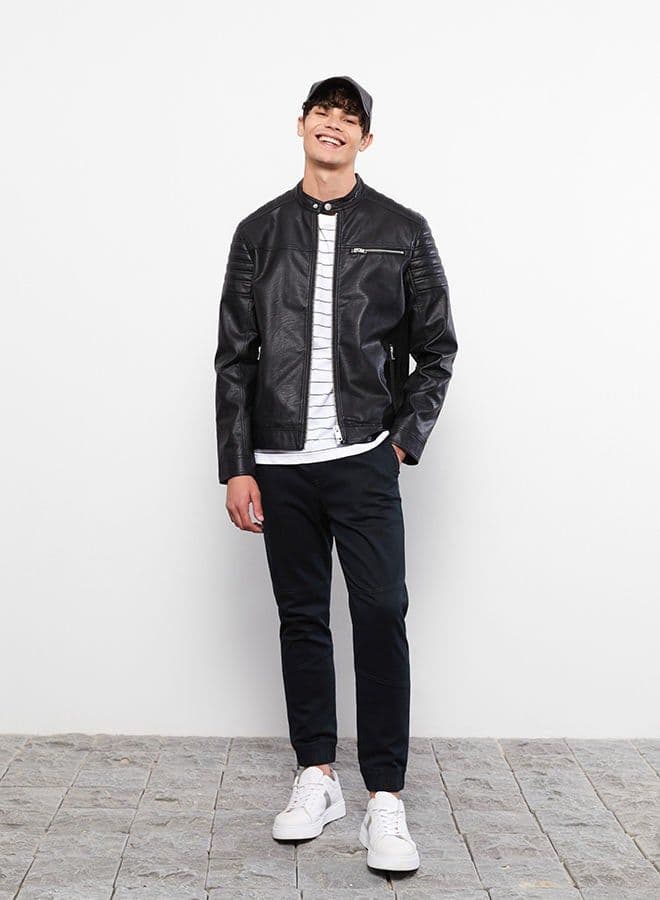 Slim Fit Stand Collar Men's Leather Look Coat image - FreshCart