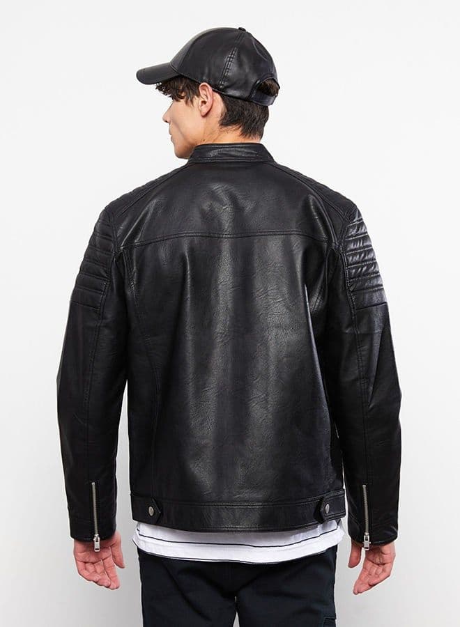 Slim Fit Stand Collar Men's Leather Look Coat image - FreshCart