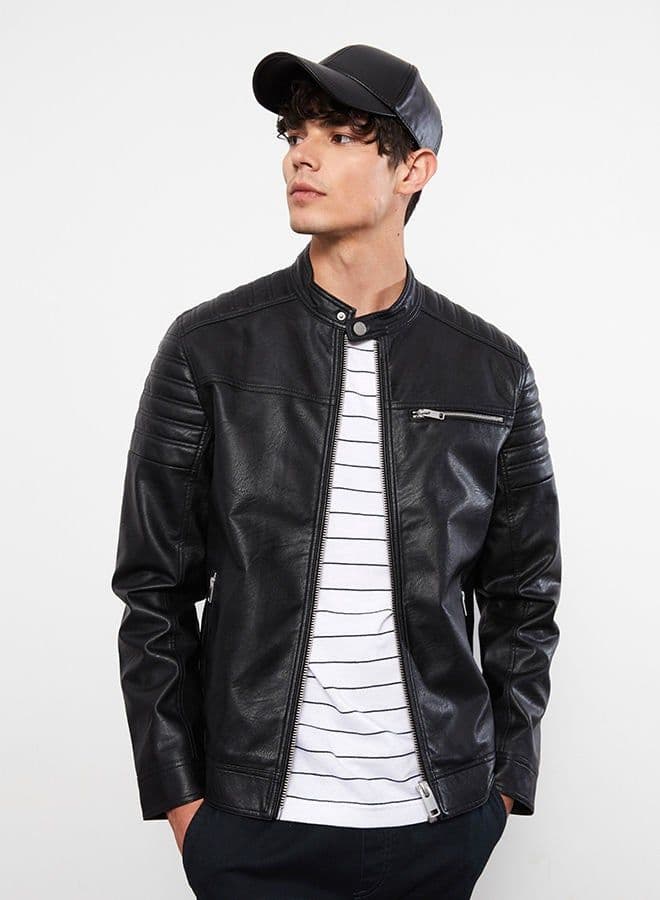 Slim Fit Stand Collar Men's Leather Look Coat image - FreshCart