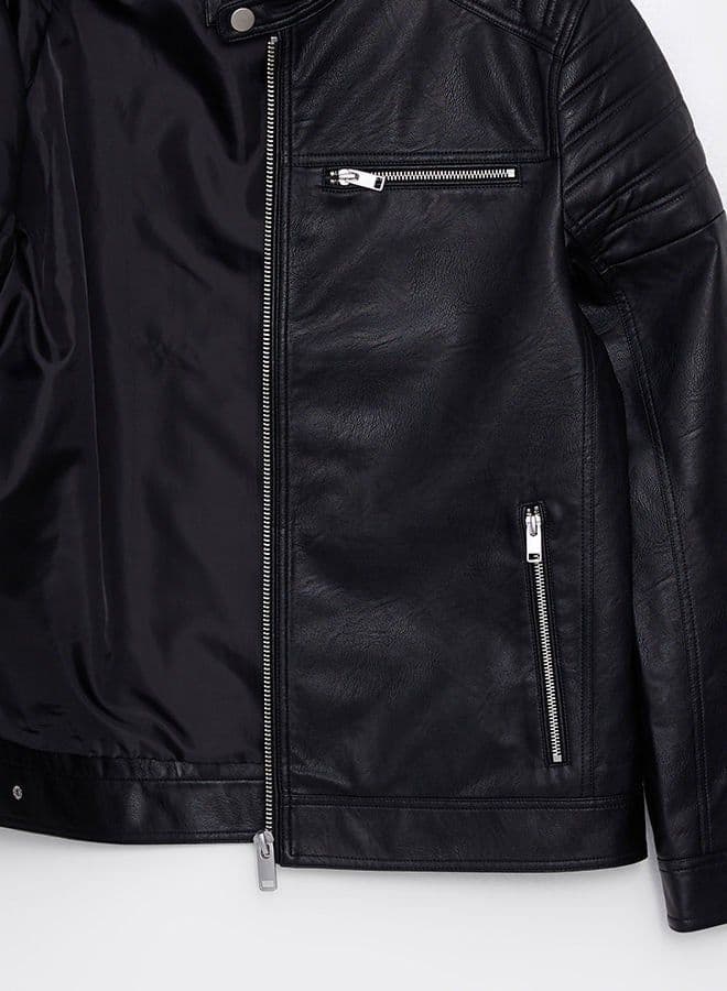 Slim Fit Stand Collar Men's Leather Look Coat image - FreshCart