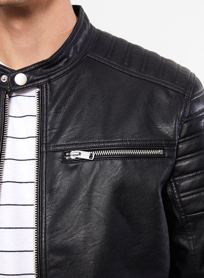 Slim Fit Stand Collar Men's Leather Look Coat image - FreshCart